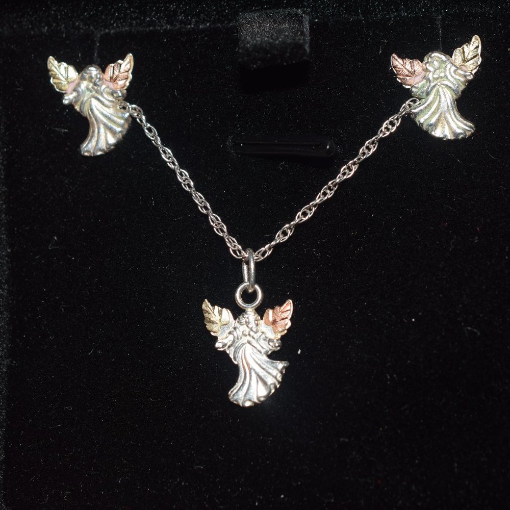 Vintage Coleman Co. Sterling 12k. Black Hills Gold Angel Necklace and Earrings